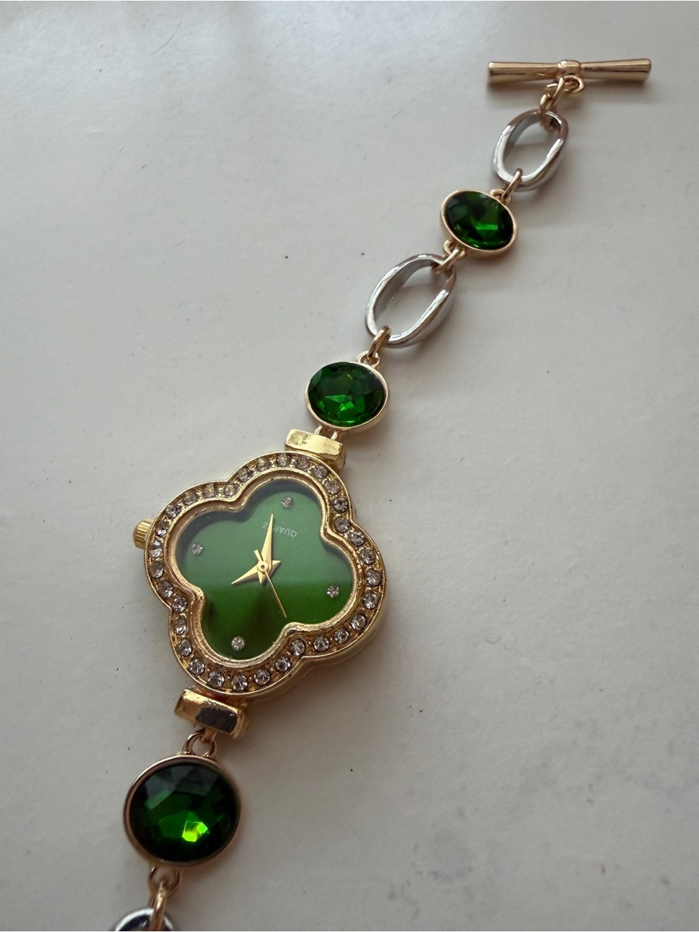 NWOT Green Clover Face Crystal Bracelet Watch - Gold Toned